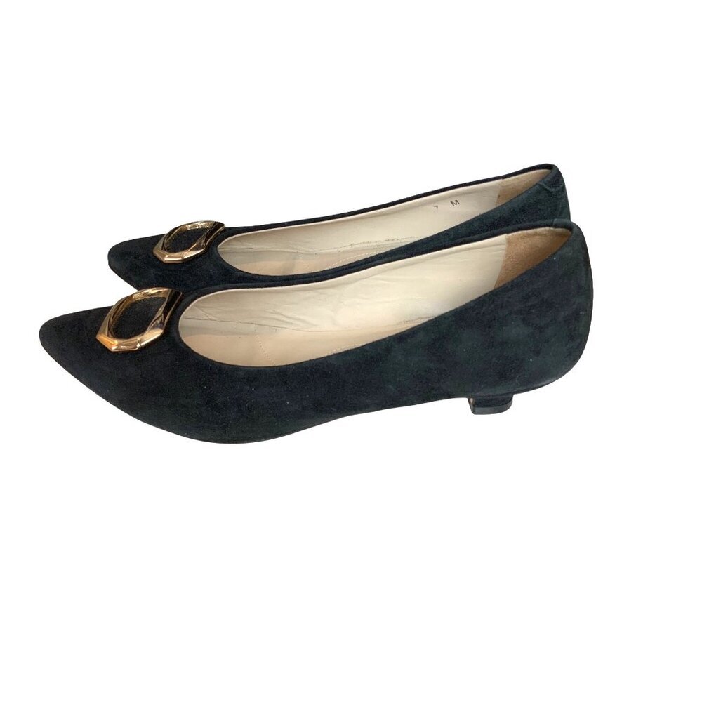 Amalfi Italian black suede shoes pillow soft 1.5’ heel size 7 gold trim